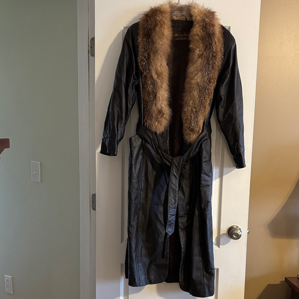 Black Leather Coat with Real Fox tail  Fur Trim